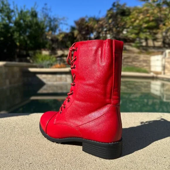 New True Red Lace Up Military Combat Moto Ankle Boots Booties Low Block Heel Zip - Picture 3 of 5